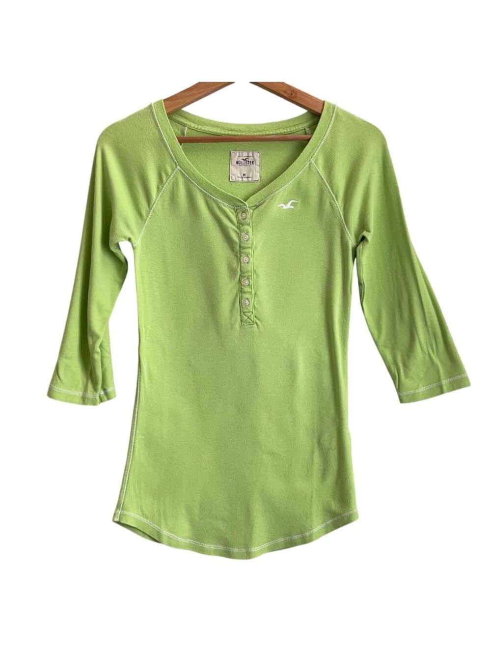 Vintage Y2K Hollister Womens Lime Green Fitted Henley Baby Tee Size M Indie